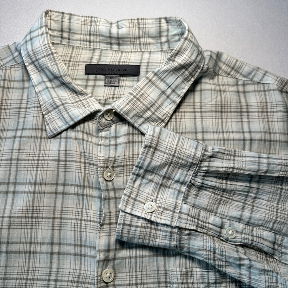 John‎ Varvatos Shirt XL Blue Plaid Cotton Gauze Lightweight Crinkled Stretch
